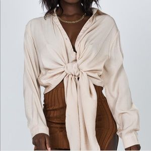 Princess Polly Tie-Front Beige Blouse Size 4 (Small)